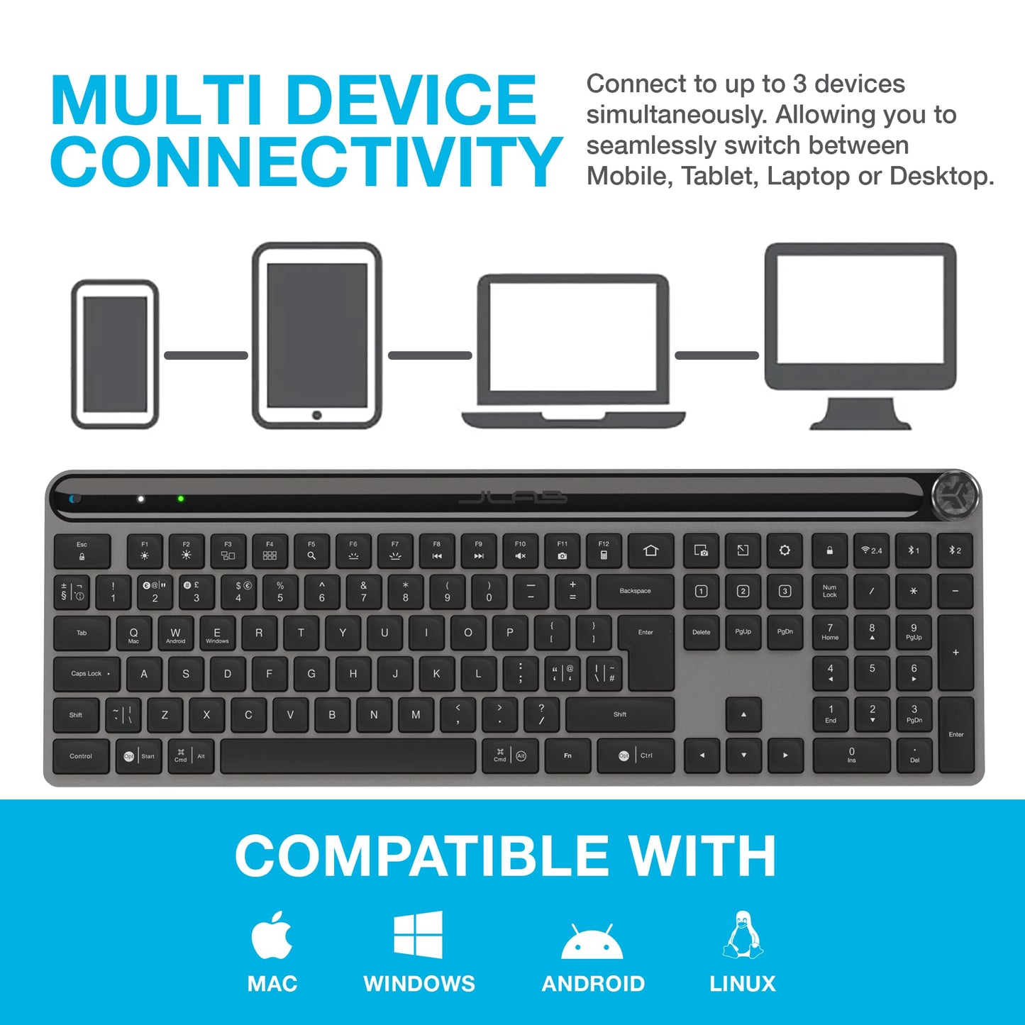 JLab Epic Advanced Wireless Keyboard - Multi Device Backlit Rechargeable Bluetooth Keyboard with 2.4G USB Connectivity, Slim Design Full Size Office Keyboards with Quiet Keys for PC/Laptop/Apple Mac