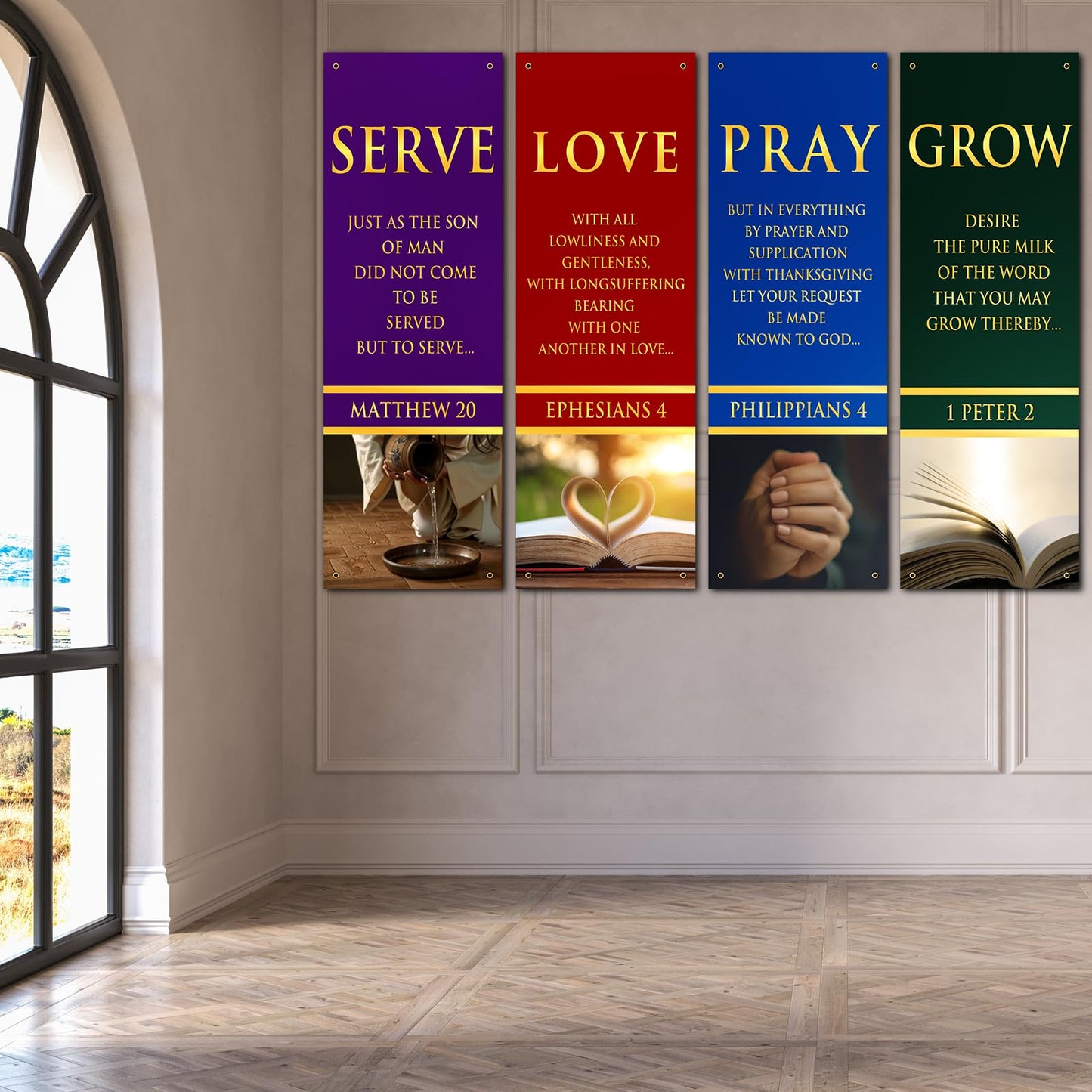 4 Pcs 5.9 Ft Church Banners with Scripture Worship Christmas Banner for Sanctuary Wall Christian Bible Prayer Holiday Flags Welcome Religious Praise Hanging Signs Decorations For Church Outdoor