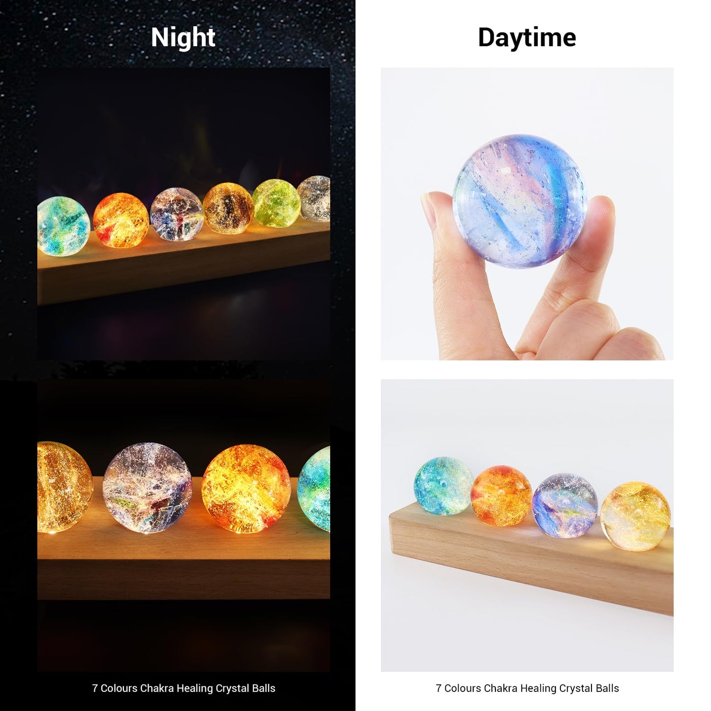 LOSCHEN 7 Chakra Natural Healing Spheres with LED Wooden Stand 40mm Crystal Quartz Stones for Meditation Energy Balancing Decor, Yoga Zen Home Office Desk Ornament