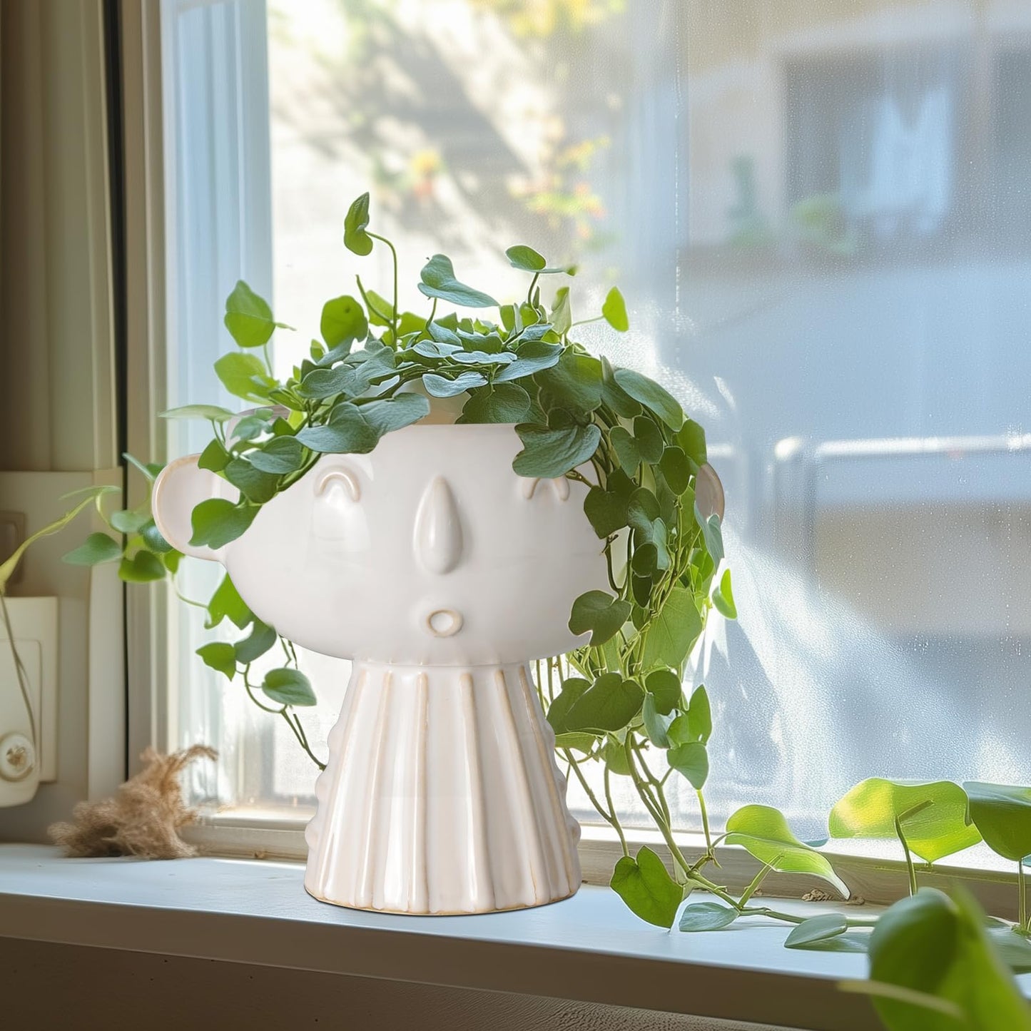 Fivepot Face Planter Pot 7 Inch - Cute Ceramic Flower Head Planter for Indoor Outdoor Succulent Pot with Drainage Hole Flower Pot Present for Mother Christmas White