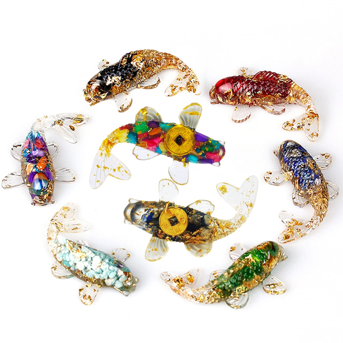 DIYOMR Set of 6 Crystals Fish Hand-dripped Resin Fused with Colorful Crystal Rocks Stones Fake Gold Coins,Blessed Carp Bring Luck Wealth,DIY Home Wall Desk Decor