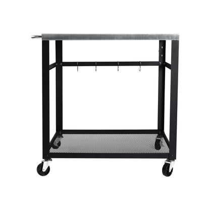 KEIKI 2-Tier Outdoor Grill Cart Table with 4 Wheels, Tool Hooks, Mesh Shelf, Movable BBQ Cooking Prep Table, Pizza Oven Table, Serving Bar Cart for Backyard, Indoor, Outside, Kitchen, Stainless Steel