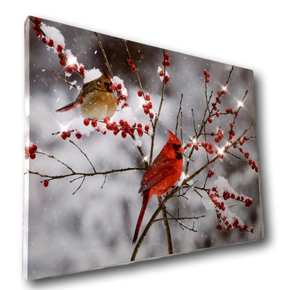 BANBERRY DESIGNS Lighted Cardinals in the Snow Canvas Print - LED Picture with Cardinal Couple and Holiday Berries - Measures 11.75" X 15.75"