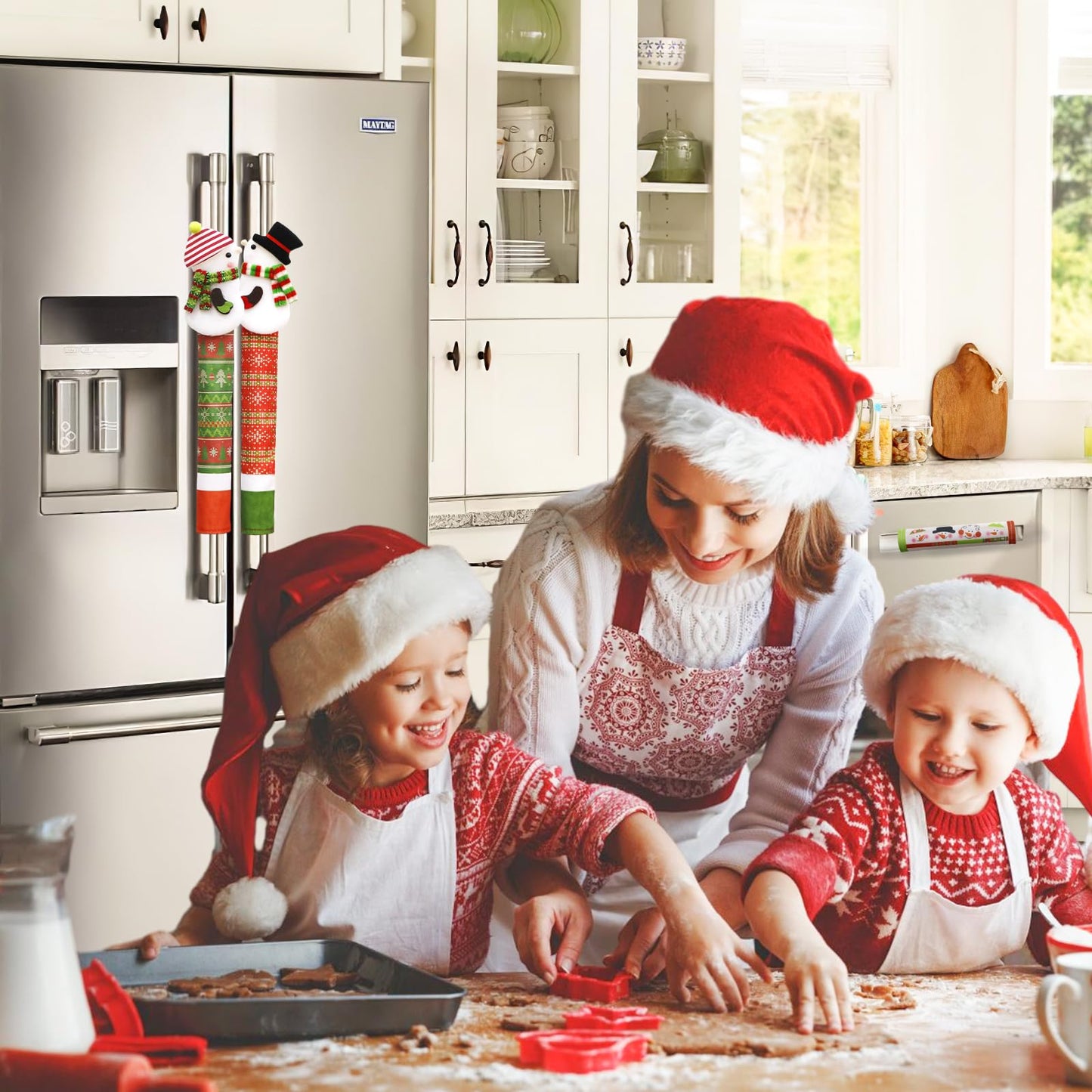 GUDELAK Christmas Refrigerator Handle Covers Set of 4, 3D Snowman Decor Fridge Door Handle Cover Washable, Christmas Fridge Handle Covers Kitchen Decor for Kitchen Christmas Decorations