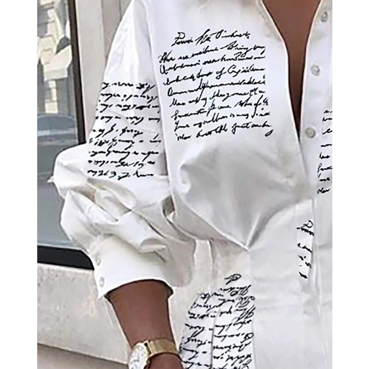 IyMoo Womens Casual Long Sleeve V Neck Button Down Fitted Shirt Mini Dress with Belt Letter White M
