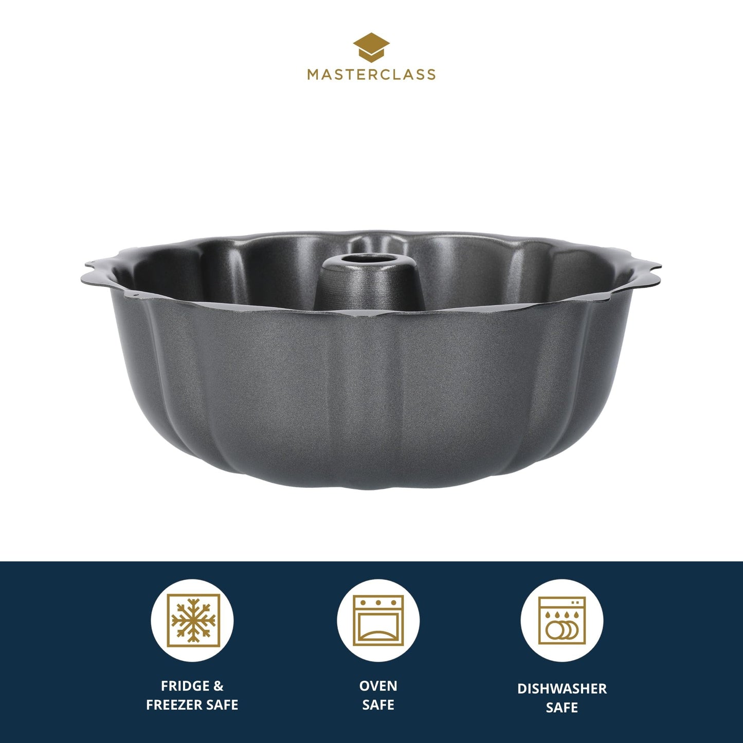 MasterClass FBA_KCMCHB18 27 cm Fluted Ring Cake Tin with PFOA Non Stick Coating, Robust 1 mm Thick Carbon Steel, 10.5 Inch Savarin Mould, Grey