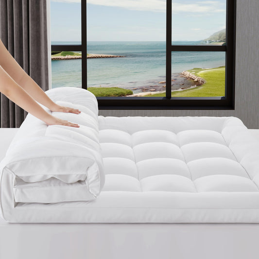 3In Mattress Topper Queen for Back Pain Relief, Add Cushion for Firm Mattresses, Better Sleep - Cooling Cloud-Like Comfort Extra Fluffy Layer, RV Mattress Pillow Top, 8-21" Deep Pocket