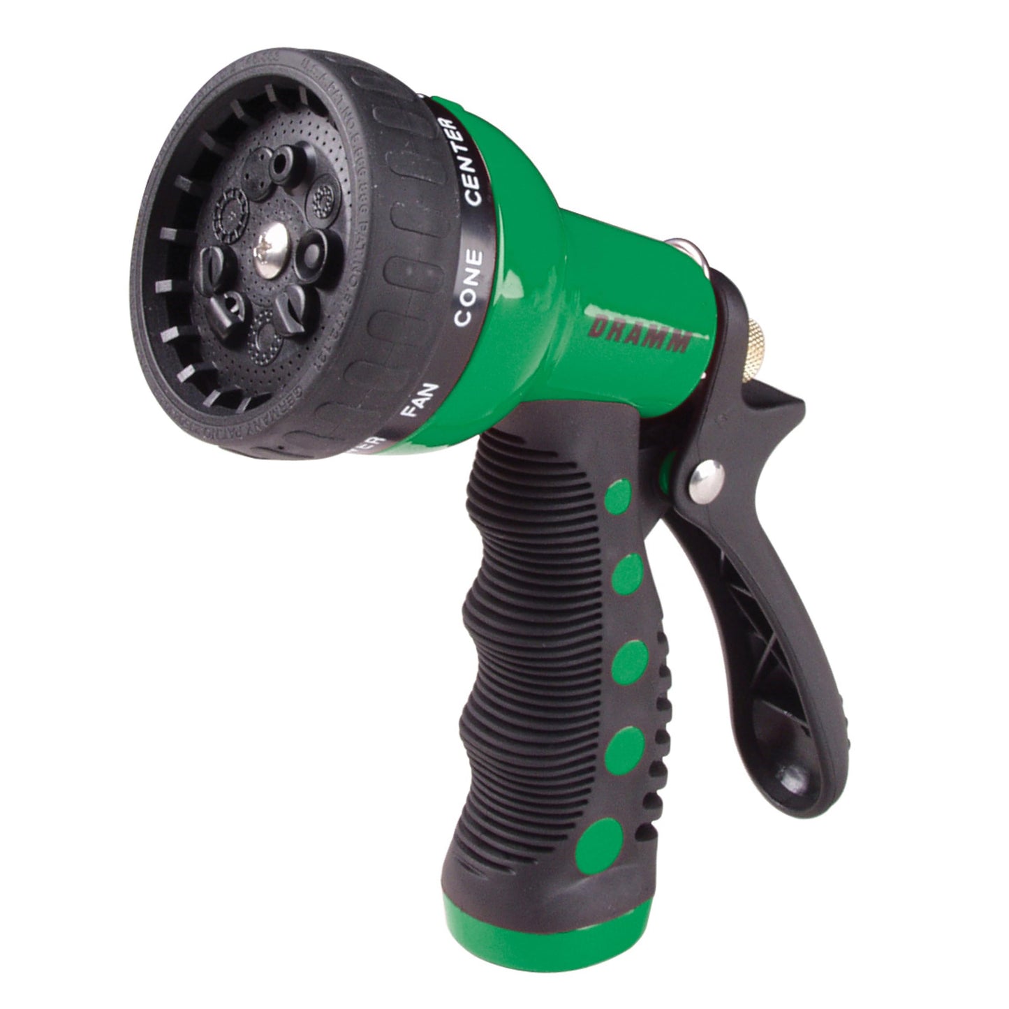 Dramm Revolver Heavy Duty 9 Pattern Quick Click Adjustable Garden Hose Spray Nozzle with Trigger Style Handle, for your Car, Boat, Deck, Sidewalk, Flowers and Young Trees, Green