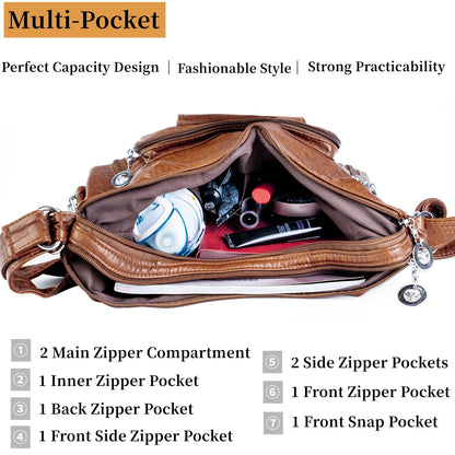 T-Kims Women Handbag Hobo Bag Tote Bags Shoulder Bag Soft Washed Leather Multifunctional Messenger Bag (Brown)