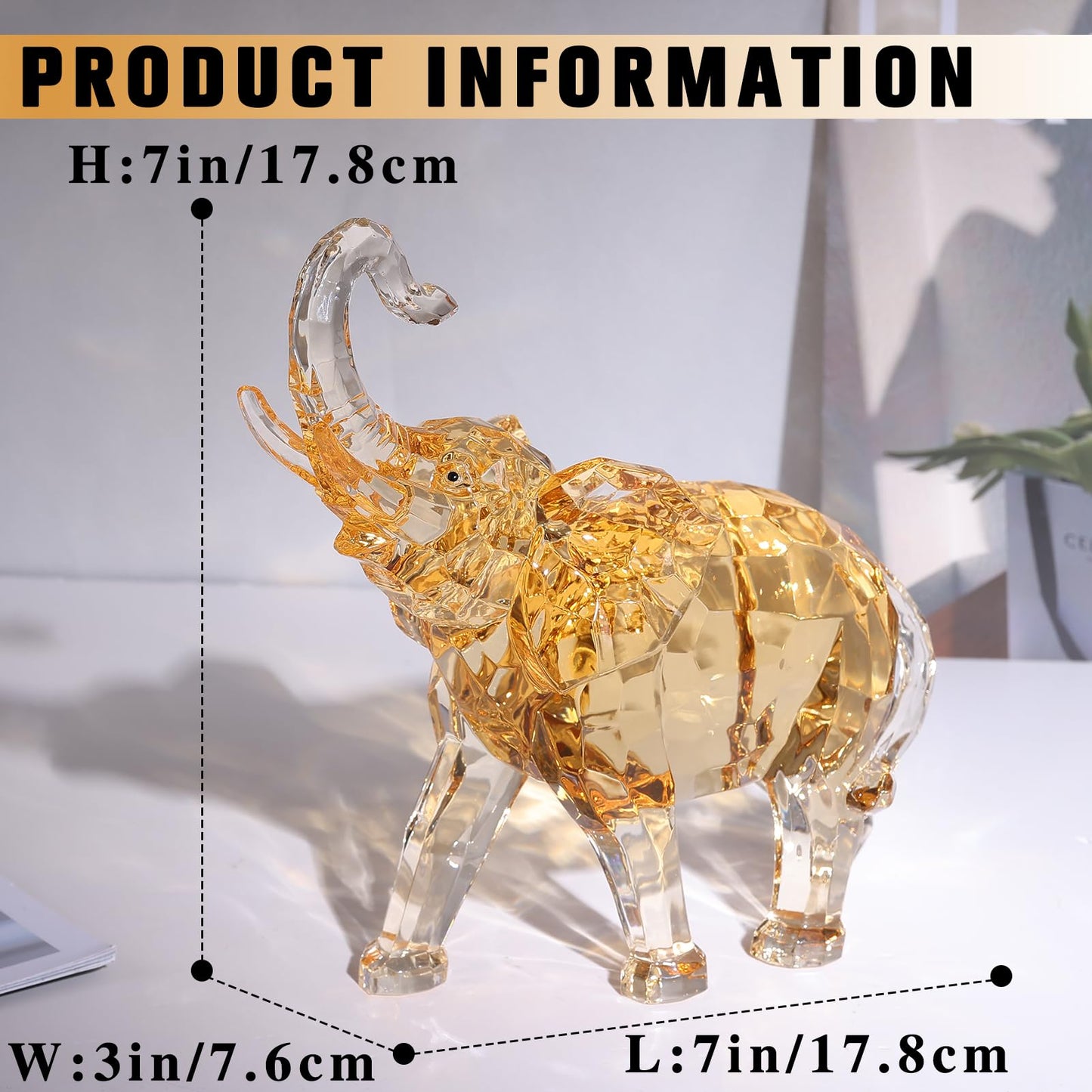 Acrylic Clear Elephant Figurines Crystal Glass Finish, High End African Statues for Home Decor, Elephants with Trunk up, Large Elephants Statue Sculpture,Office Feng Shui Lucky Elephant Gifts