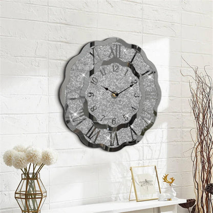 FEUFOAM Crushed Diamond Mirrored Wall Clock Silver Modern Crystal Clocks for Bedroom Unique Home Decorative Glass Mirror Hanging Clock for Living Room Office Dining Decor
