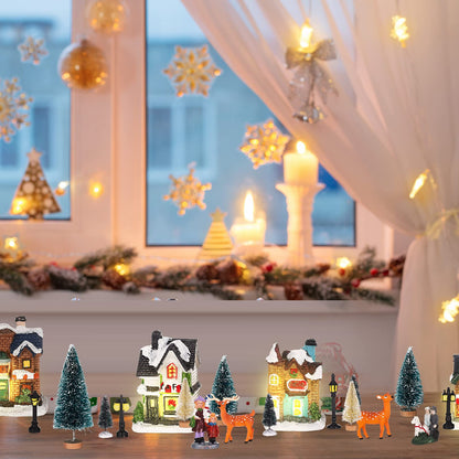 Gerrii 31 Pcs Christmas Village Figurines Decoration Set Lighted LED Christmas Village Houses with Figurines Snow Blanket Roll for Xmas Town Scene Desk Battery Operated Landscape Decor(Santa)