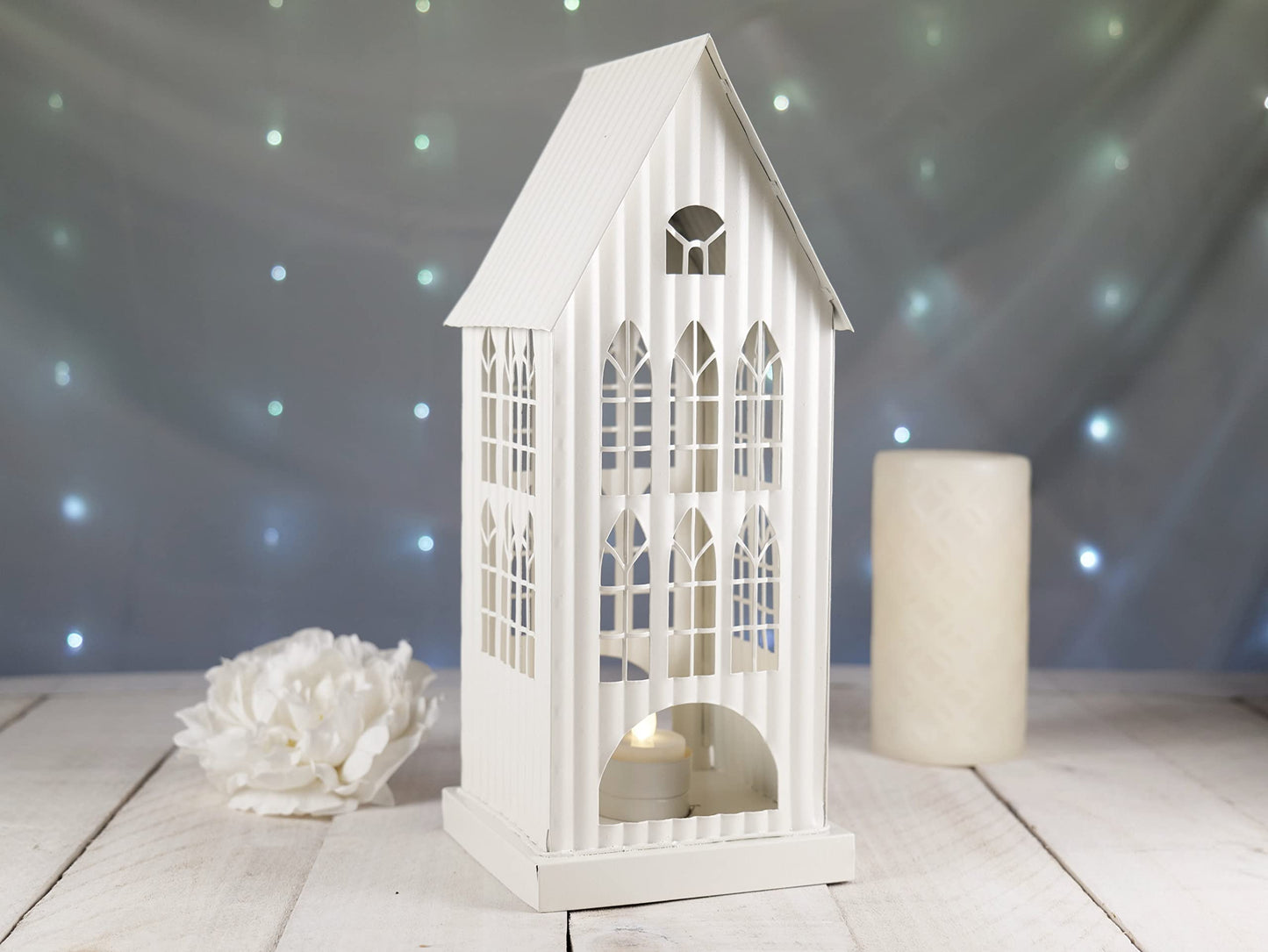 Orchid & Ivy 12.5-Inch Tall Rustic White Galvanized Metal Decorative Tin House Candle Holder Country Farmhouse Tabletop Mantel Shelf Tea Light Lantern Indoor Outdoor Home Decor