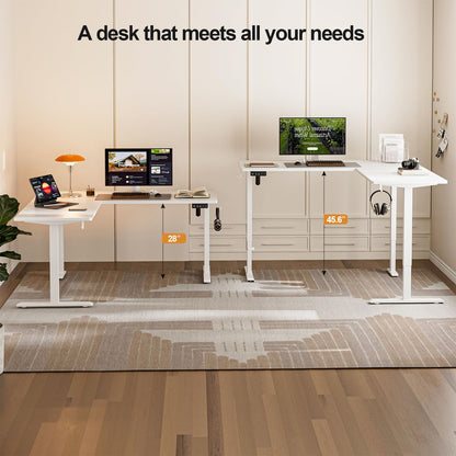 Grandder L Shaped Standing Desk Adjustable Height, Electric Standing Corner Desk, 160 x 140 cm Sit Stand Computer Table with Splice Board, White