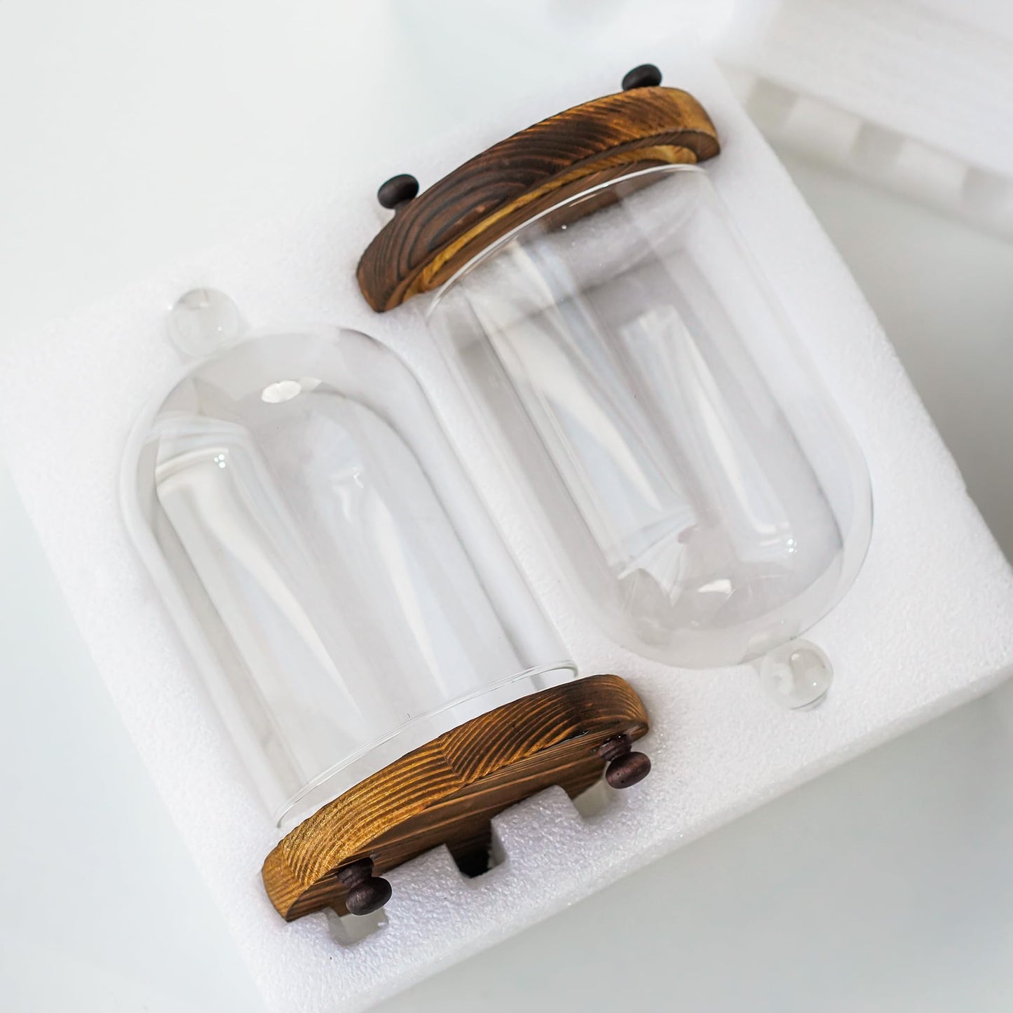 2 Pack Decorative Glass Cloche Bell Jars with Wooden Bases, 6.4" Tall Tabletop Accent Covers for Seasonal Centerpieces, Fairy Lights and Home Decor