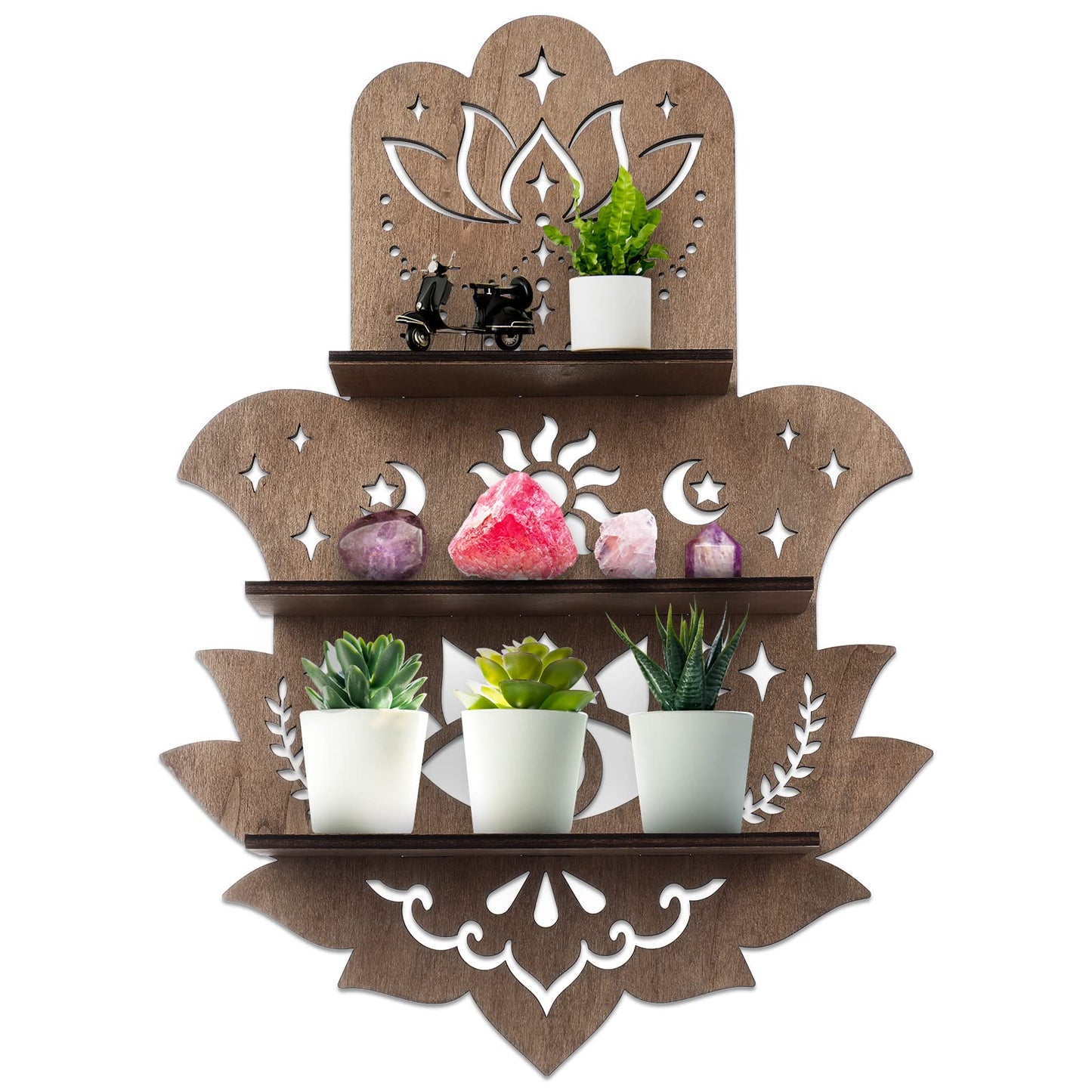 Maitys Hamsa Wall Decor Lotus Crystal Shelf Display for Evil Eye Decor Large 17'' Hamsa Hand Boho Wooden Hanging Crystal Holder Shelf Aesthetic Zen Meditation Spiritual Gift Witch Yoga