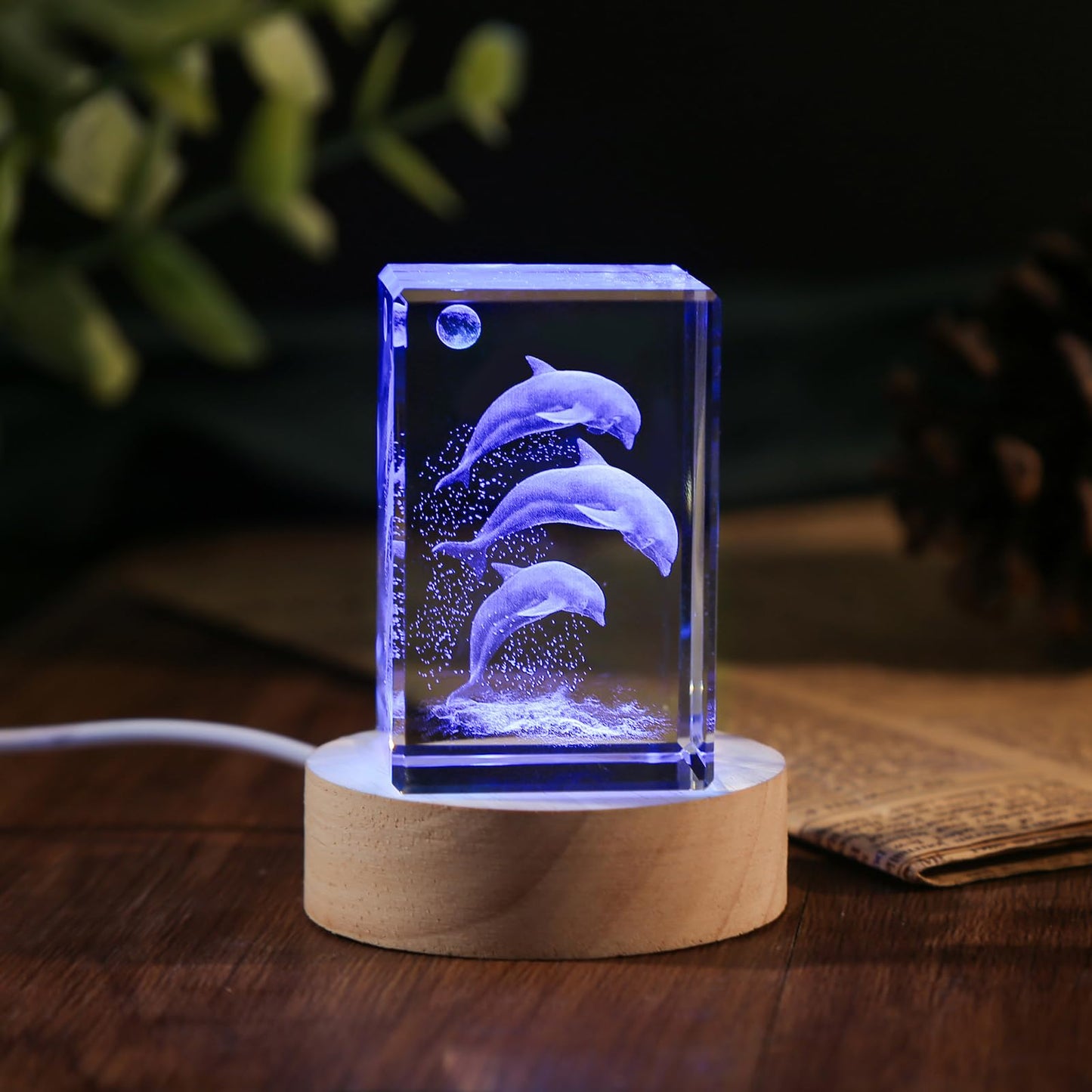 YouerCrystal 3D Crystal Dolphin Figurine Night Light with LED Base, Birthday Gift for Kids Women, Thanksgiving Christmas Valentines Anniversary Birthday Gifts