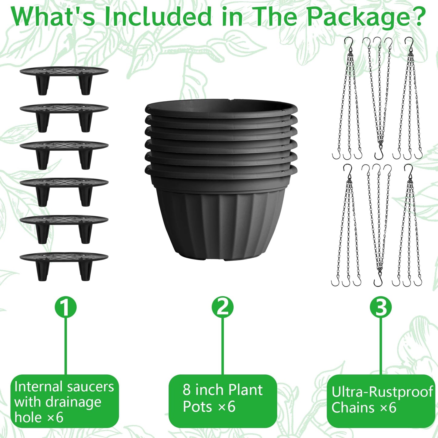 FGstyle 6 Pack Hanging Planters 8 Inch,Self Watering Pots for Indoor Plants,Plastic Hanging Basket with Soil Elevator and 20" Chain for Home Garden Porch Balcony Patio Decor(Black)