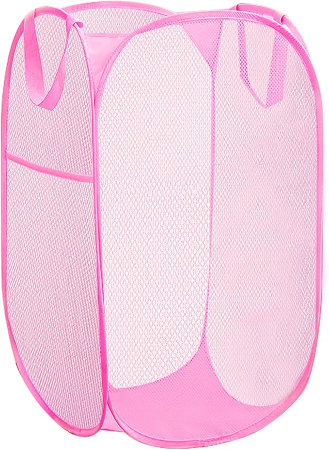 Portable Mesh Pop Up Laundry Hamper Pink Vertical Collapsible Laundry Basket