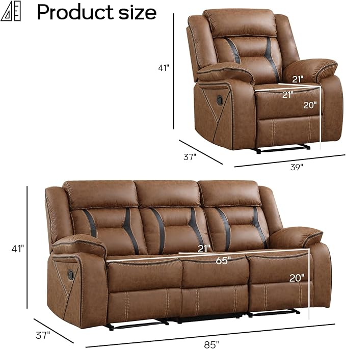 EBELLO Manual Recliner Sofa Set, Faux Leather Reclining Living Room Furniture