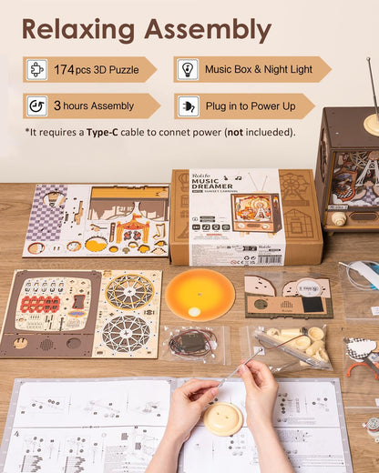 Rolife 3D Wooden Puzzles for Adults DIY Book Nook Kit 16" Ferris Wheel Music Box Model Building Set with LED Crafts for Adults Gifts for Girls Boys (Sunset Carnival)