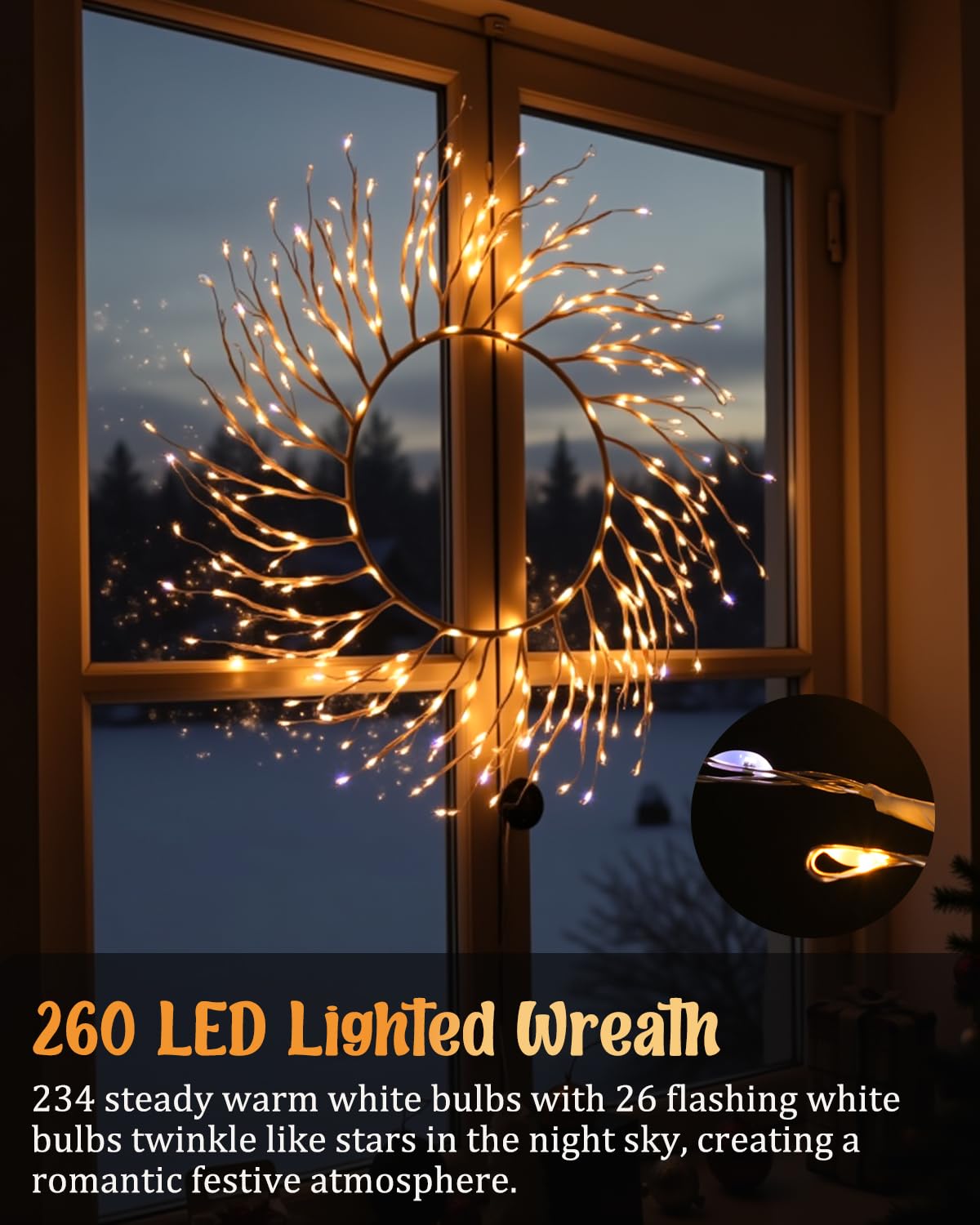 ooLALoo Christmas Window Lights Decorations, 22 Inch Christmas Wreath with 260 LED Fairy Lights, USB Operated Window Light Hanging for Holiday Wall Door Party Xmas Indoor Decor, White Twig