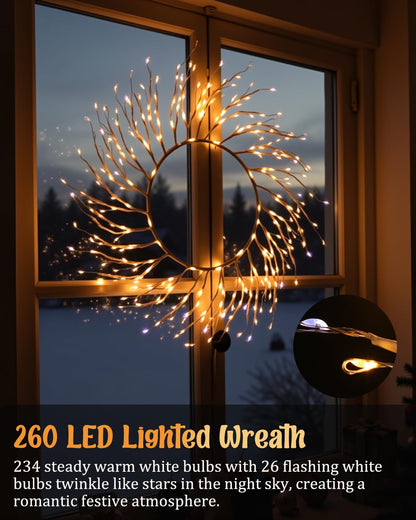 ooLALoo Christmas Window Lights Decorations, 22 Inch Christmas Wreath with 260 LED Fairy Lights, USB Operated Window Light Hanging for Holiday Wall Door Party Xmas Indoor Decor, White Twig
