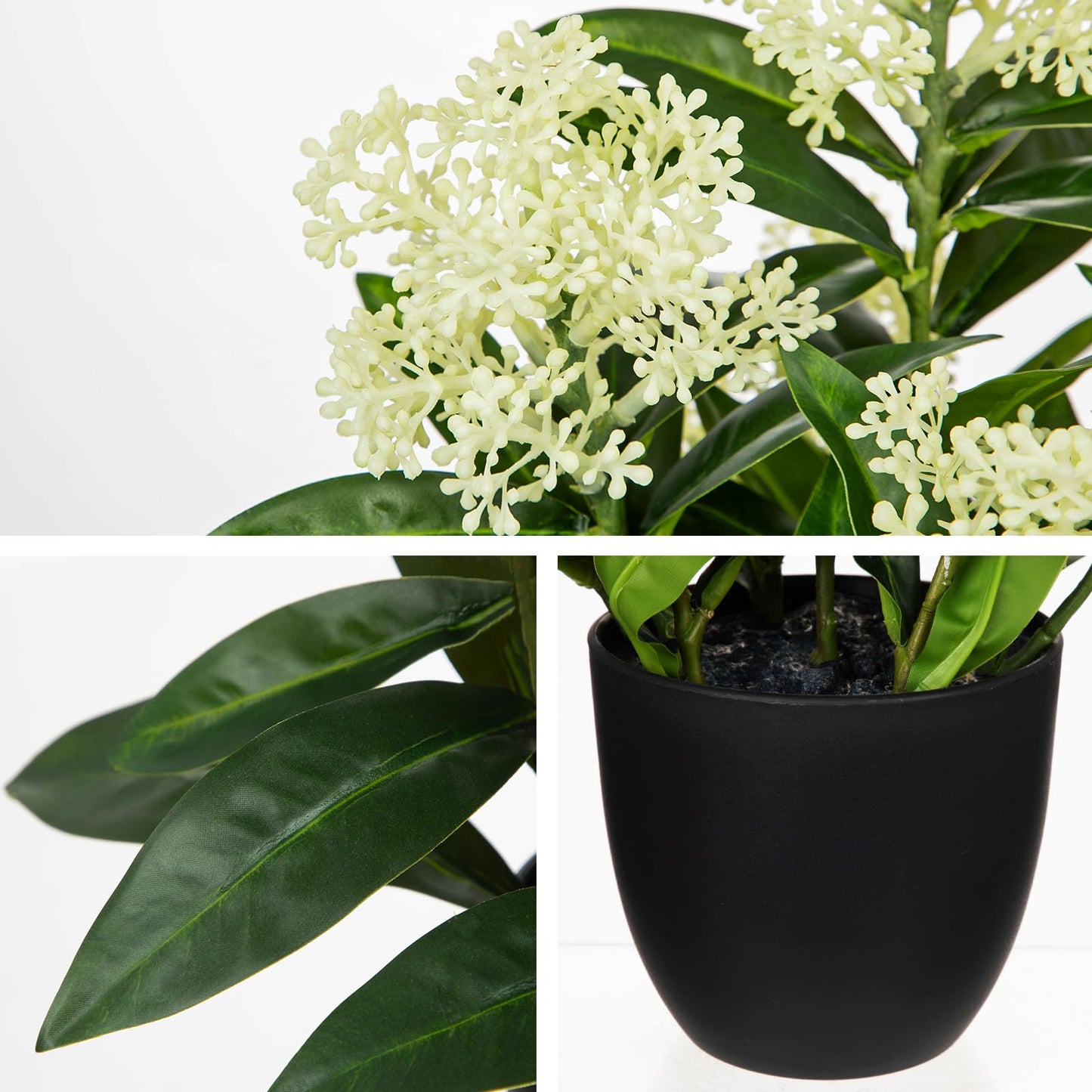 Briful Artificial Potted Flowers, 14.2in Realistic Faux Skimmia Japonica Flowers with Berries Silk Floral Centerpiece for Home Office Bathroom Kitchen Shelf Table Decor, White