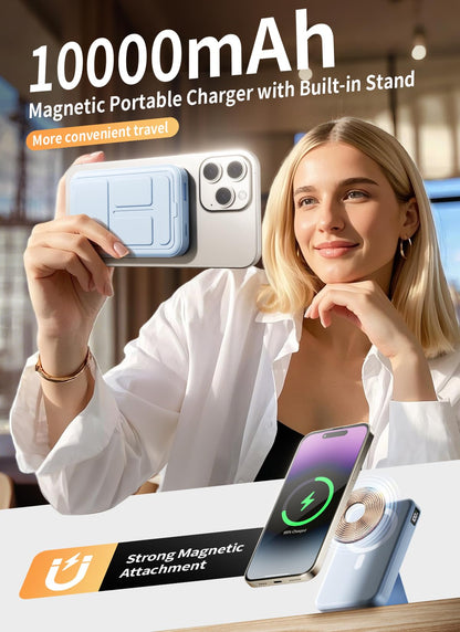 Magnetic Portable Charger, 10000mAh Wireless Power Bank with 20W USB-C Fast Charging, Foldable Stand & LED Display Magnetic Battery Pack, Compatible with iPhone 16/15/14/ All Series