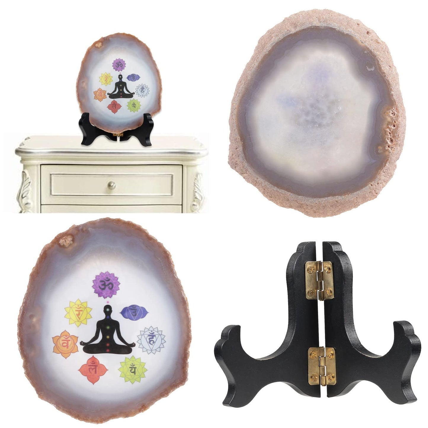 SUNYIK 7 Chakra Pattern Natural Geode Agate Slice Display with Wooden Stand, Irregular Agate Slab Tabletop Desktop for Office Home Decor, White-7 Chakra