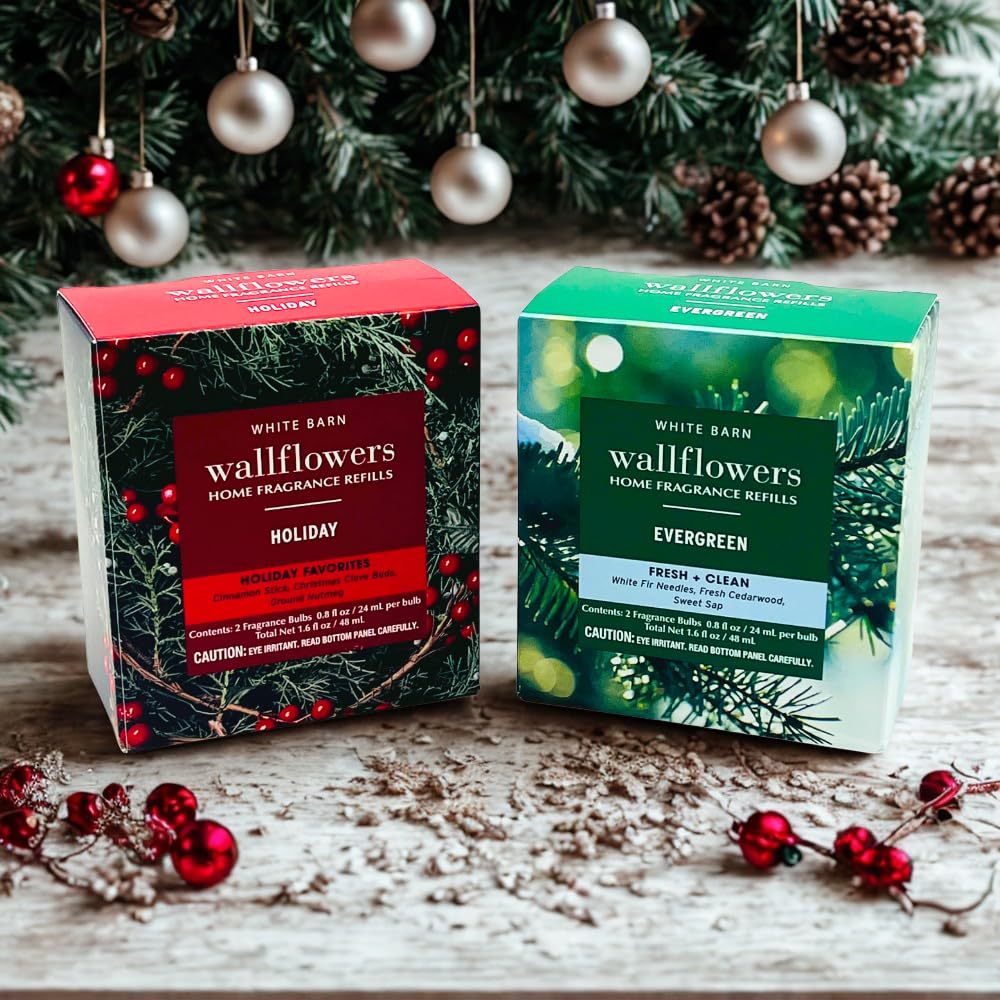 Bath & Body Works HOLIDAY & EVERGREEN Wallflowers Home Fragrance Refill 2pc Bundle Gift Set with 30-Inch Metallic Silver Ribbon Bow – Winter & Christmas Scents - 0.8 fl oz Each