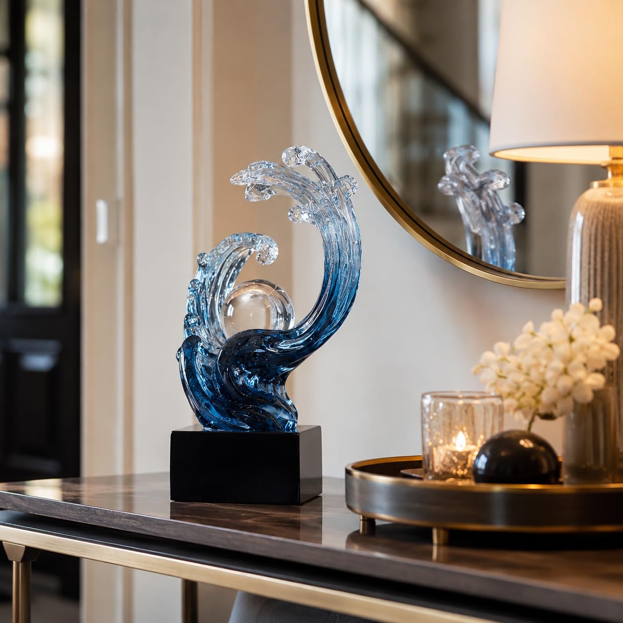 XYQXYQ Modern Abstract Decorative Wave Statue, Gold Abstract Art Home Decor,Crystal Ball Art Wave Resin Sculpture, Office Desk Stand, Dining Table Center Decorative Aesthetics (Blue)