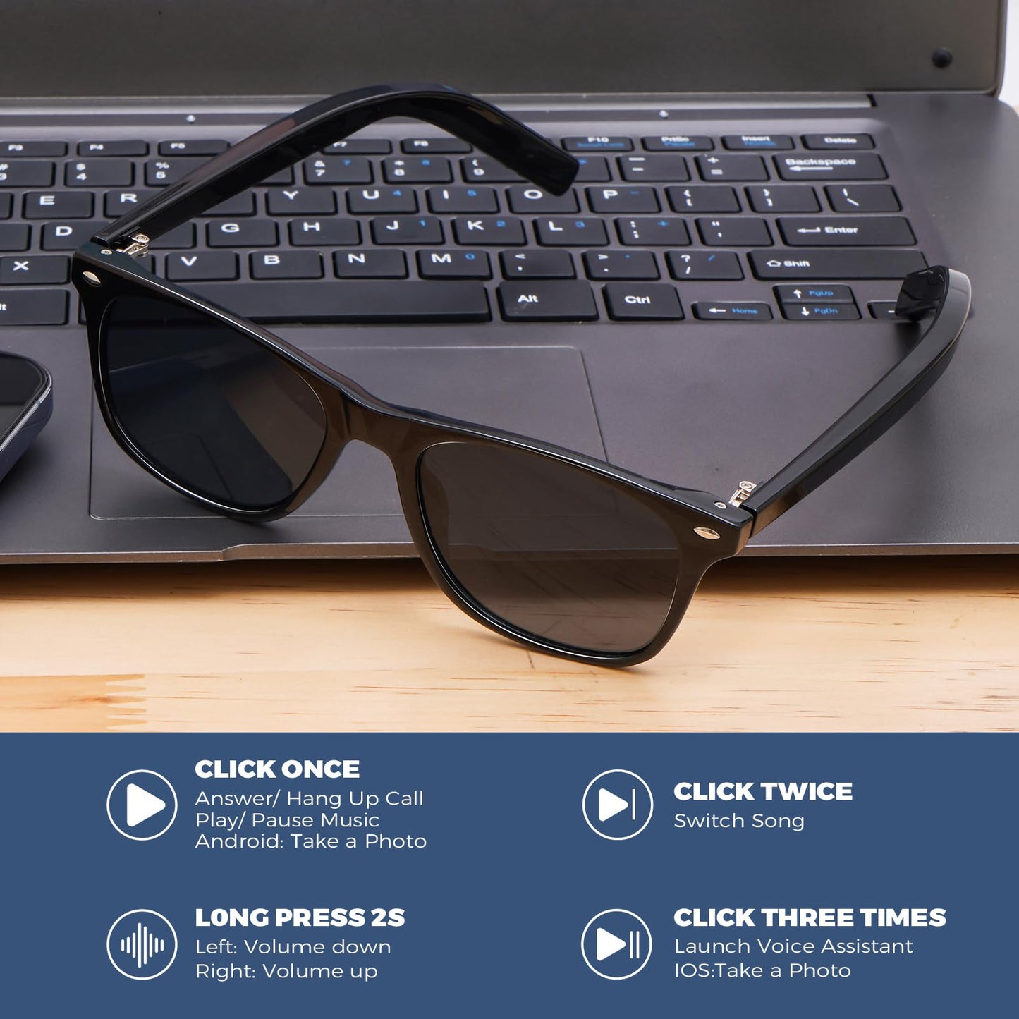 Smart Sunglasses Glasses for Men Women with AAC Speaker Open Ear Music Touch Buttons Remote Photo Voice Assistant Hand-free Calling, Unisex Audio Intelligent Bluetooth 5.0, Great Gift for Friends