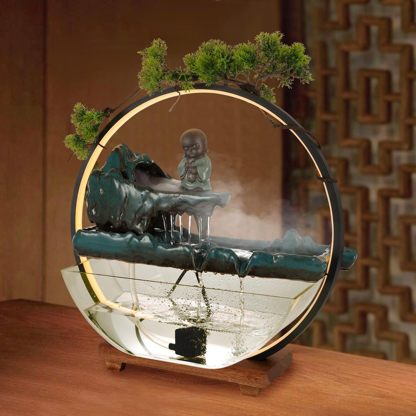 Unnsiapit Tabletop Water Fountains, H16.5in Indoor Waterfall Clear Fish Tank with LED Light & Mist, Backflow Incense Holder Feng Shui Decor for Meditation Entrance, Fish Tank Size L17.3*W5.3in
