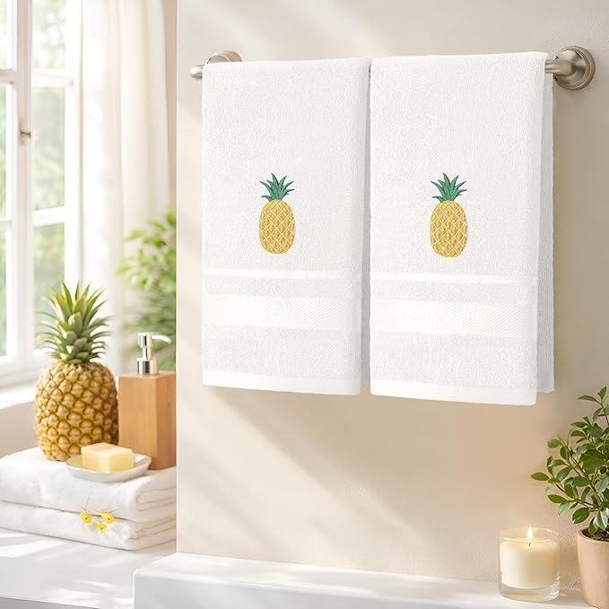 2 Pcs Pineapple Hand Towels White-Yellow Bathroom Decor 14x29 Inch Embroidered