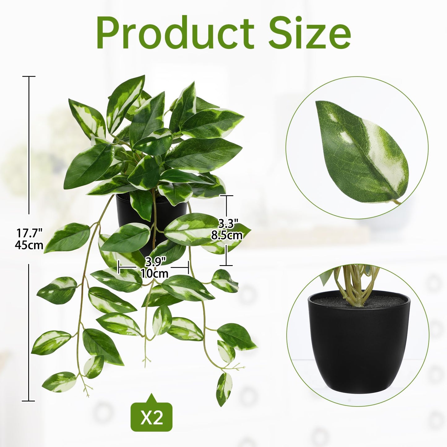 Briful Small Fake Plants Indoor (Set of 2) Realistic Faux Trailing Plant Artificial Potted Plants in Black Pot White N' Joy Leaf Houseplant for Living Room Table Kitchen Counter Shelf