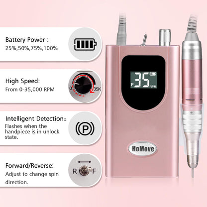 35000RPM Portable Nail Drill Machine, HoMove Professional Nail Drill Machine, Rechargeable Electric Efile Nail Drills for Acrylic Gel Nails, Cordless Portable Nails Drill【Rose Gold】