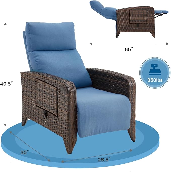 Upgraded Outdoor Recliner Chair, Reclining Patio Chairs with Adjustable Back up to 150°Lay Flat and Extended Footrest, Wicker Recliner Chairs with Flip Table and Removable Olefin Cushion