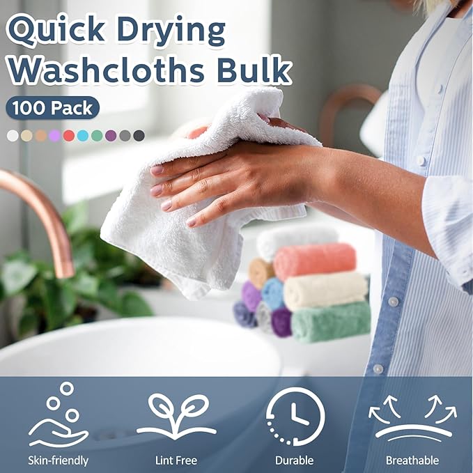 Newwiee 100 Pcs Washcloths Bulk Quick Drying Bathroom Wash Clothes 12 x 12 Inch