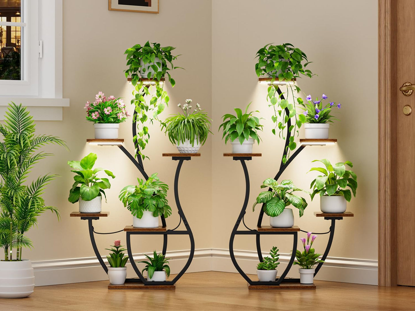 CODACE Plant Stand Indoor with Grow Lights - 2 PCS Indoor Plant Shelf, 6 Tiered Corner Plant Stands for Indoor Plants, Swan-Shaped Plant Holder, Metal Flower Display Rack for Living Room (Black)