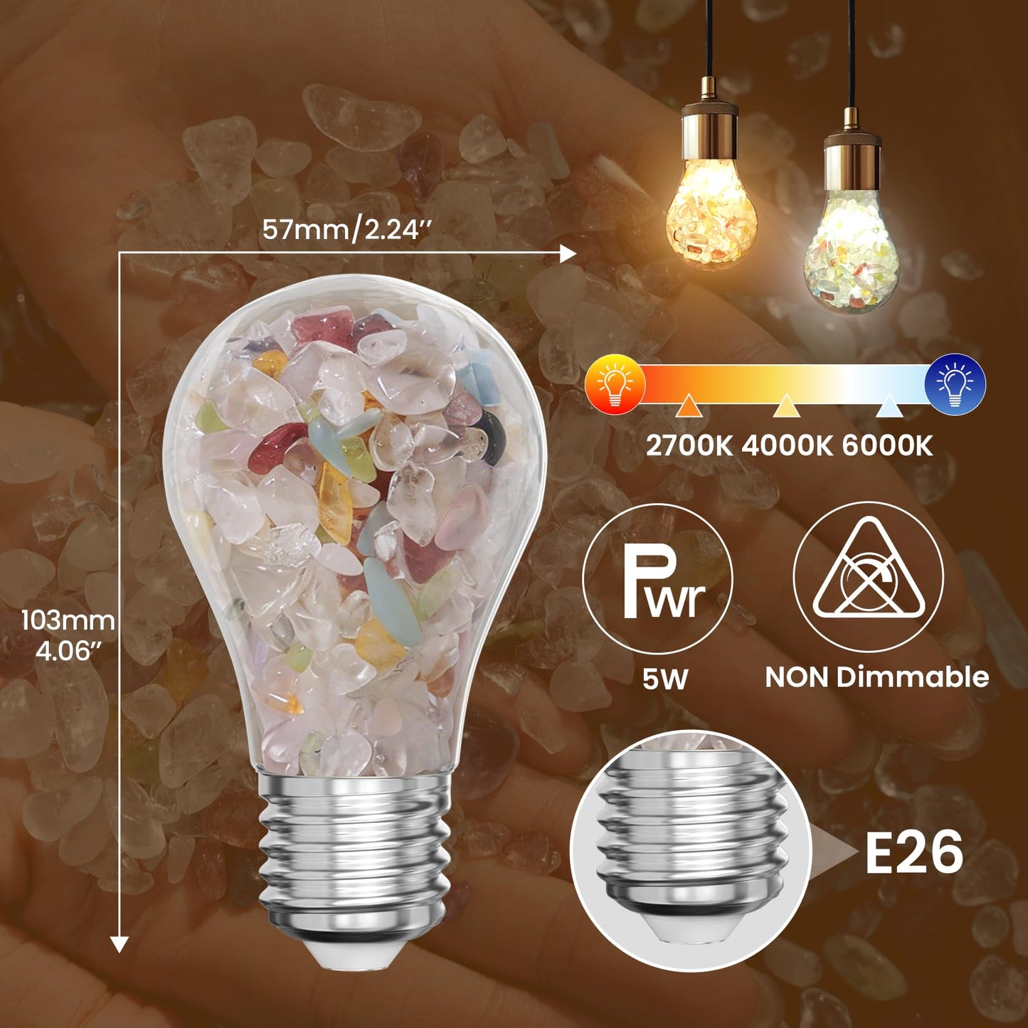Zuria E26 LED Bulb Crystal Light Bulb, 40 watt Light Bulbs Soft Warm White, 2700K/4000K/6000K, Non-Dimmable, 5W E26 Edison Screw Bulbs for Yoga Nightlight Bedroom Living Home Decor, 2-Pack