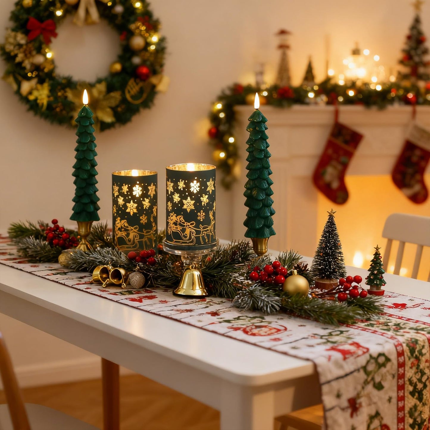 Lezonic Christmas Flameless Candles with Remote, Green Christmas Tree Flickering Battery Operated Window Candlesticks, Glass Flameless Xmas New Year Decorations Gifts, Set of 4 Real Wax LED Candles