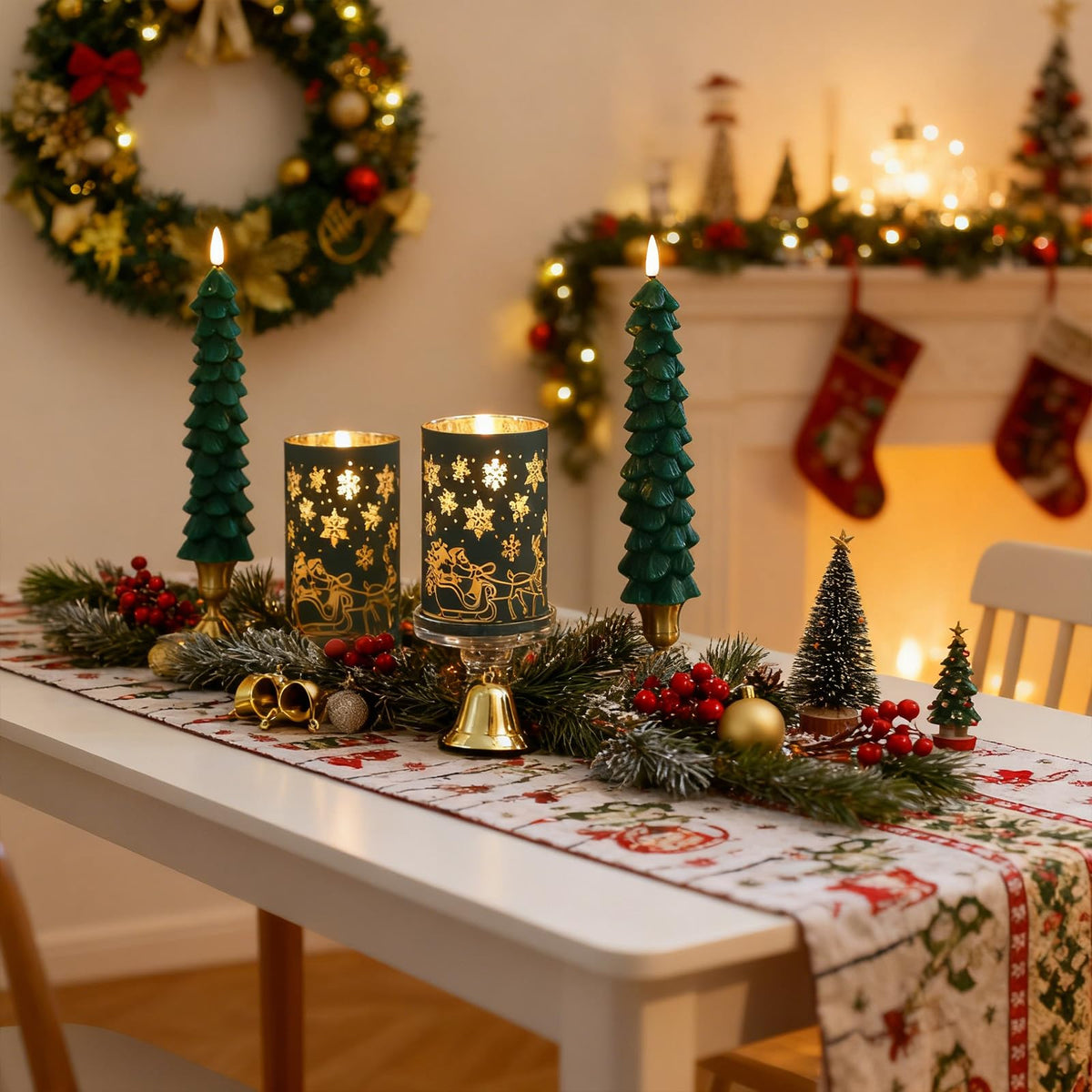 Lezonic Christmas Flameless Candles with Remote, Green Christmas Tree Flickering Battery Operated Window Candlesticks, Glass Flameless Xmas New Year Decorations Gifts, Set of 4 Real Wax LED Candles
