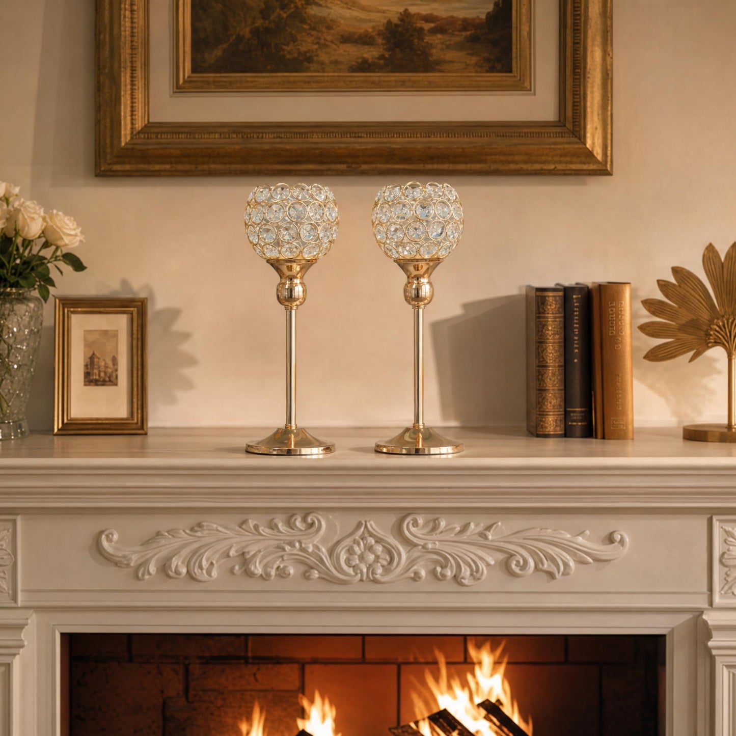 VINCIGANT Gold Crystal Candle Holders Set of 2 for Fireplace Coffee Table Mantle Decor,Wedding Home Halloween Decoration Centerpieces