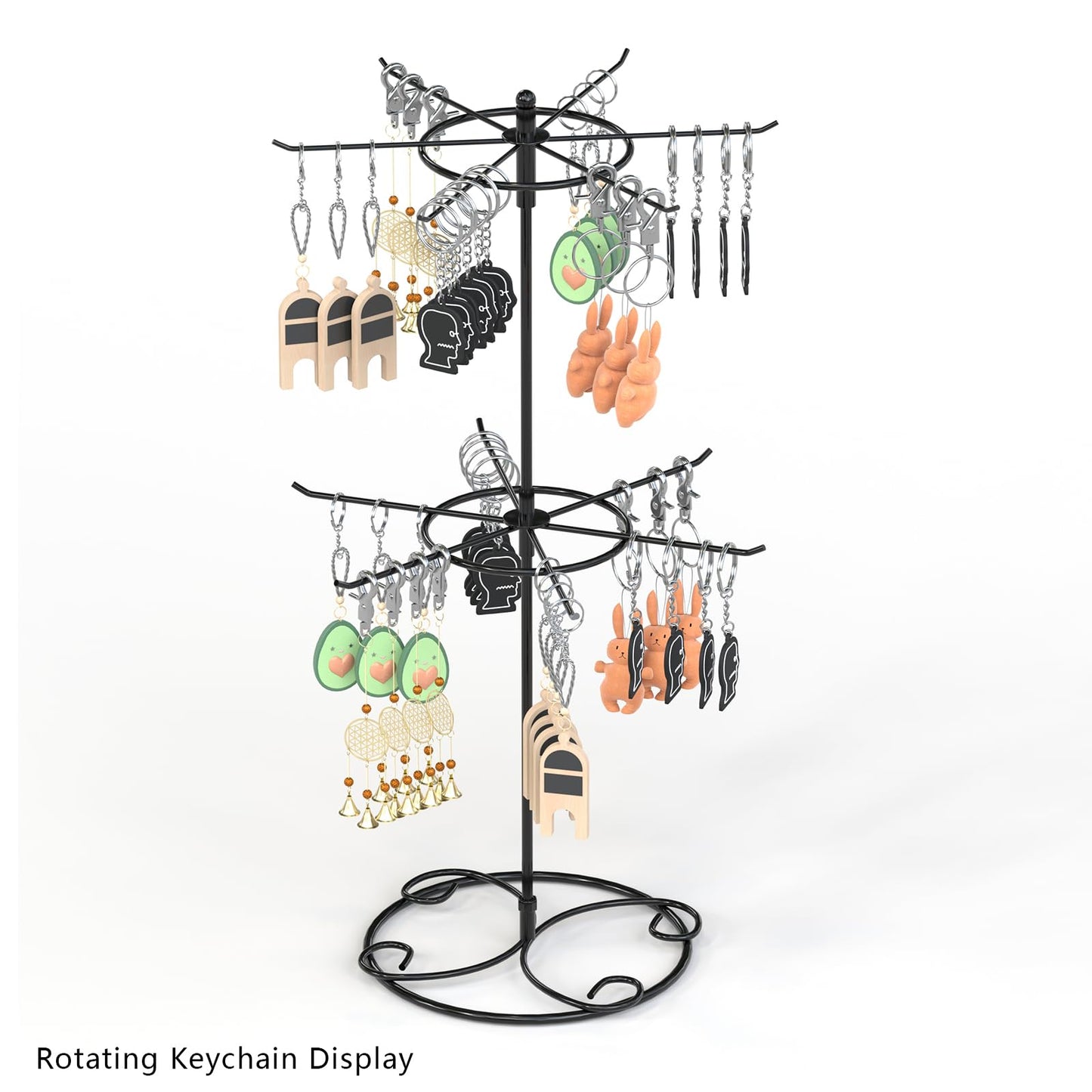 JHJFRAWY Jewelry Stand Organizer, 2-Tier Rotating Necklace Organizer, Spinning Jewelry Keychain Display Tree with 12 Hooks, Easy Assembly for Bedroom and Retail, Black
