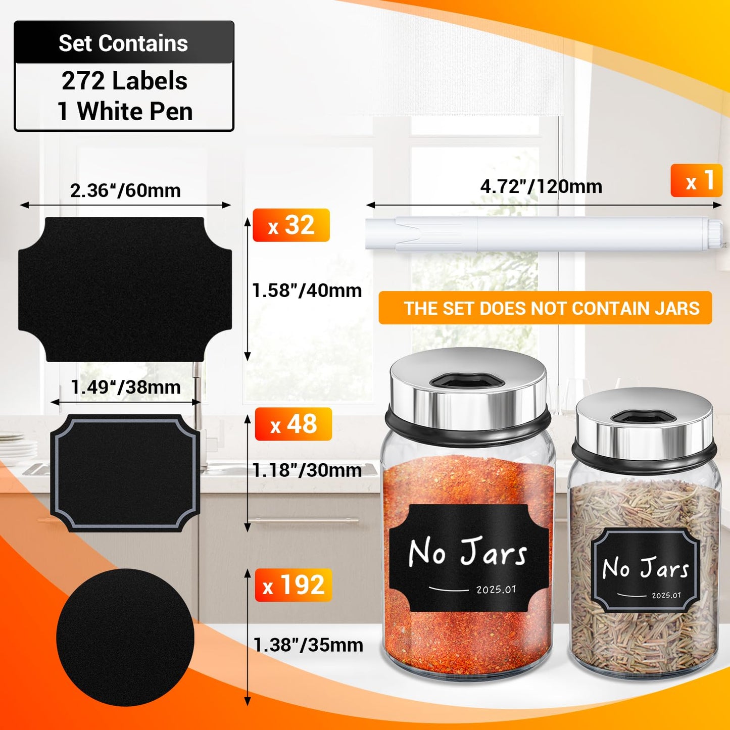 Segarty Spice Jars with Label Set - 6 Pack 4oz Glass Spice Jars with Shaker Lids, 272 Pcs Blank Chalkboard Label Stickers with 1 Marker, Seasoning Organizor Kit