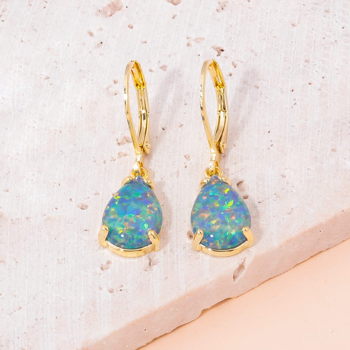 CiNily Teardrop Leverback Dangle Earrings for Women Hypoallergenic Blue Purple Opal Pendant Drop Earrings 14K Gold Hanging Lever Earrings Fashion Jewelry for Sensitive Ears