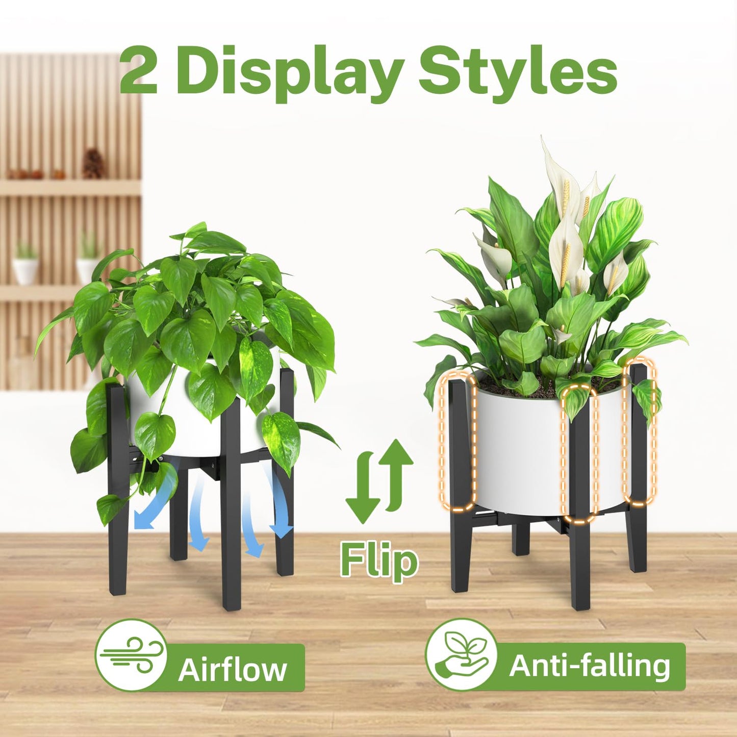 iDavosic.ly Adjustable Plant Pot Stand Indoor Outdoor, Mid Century Modern Bamboo Short Single Flower Holder Fits 8 to 12 Inch Large Heavy Duty Planter (Not Included) | Black