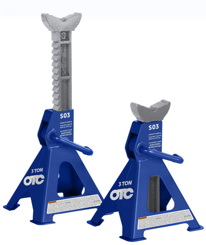 OTC S03 3-Ton Jack Stands - 3-Ton Capacity; 17-11/16" Max. Height; 12" Min. Height; 8-1/4" x 7-1/2" Footprint Square Base; 11 Tooth Ratcheting Adjustment; 1" x 3-1/2" V-Notch Saddle - Pair