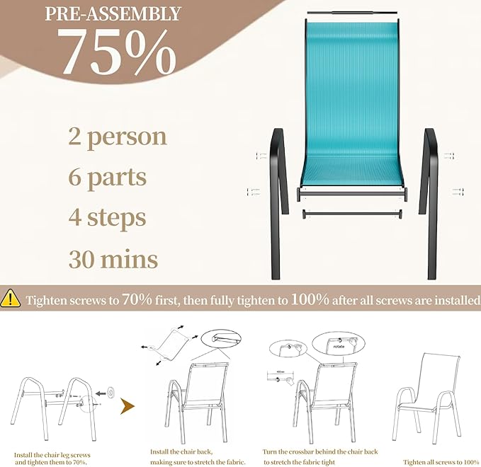 MAMIZO Patio Dining Chairs, Stackable All Weather Teslin Chair, Heavy Duty Outdoor Breathable Chairs Set, w/Armrests, Upgraded Chair FeetW/Strenthened Iron Spacers, 330 LBS (4, Turquoise Blue)